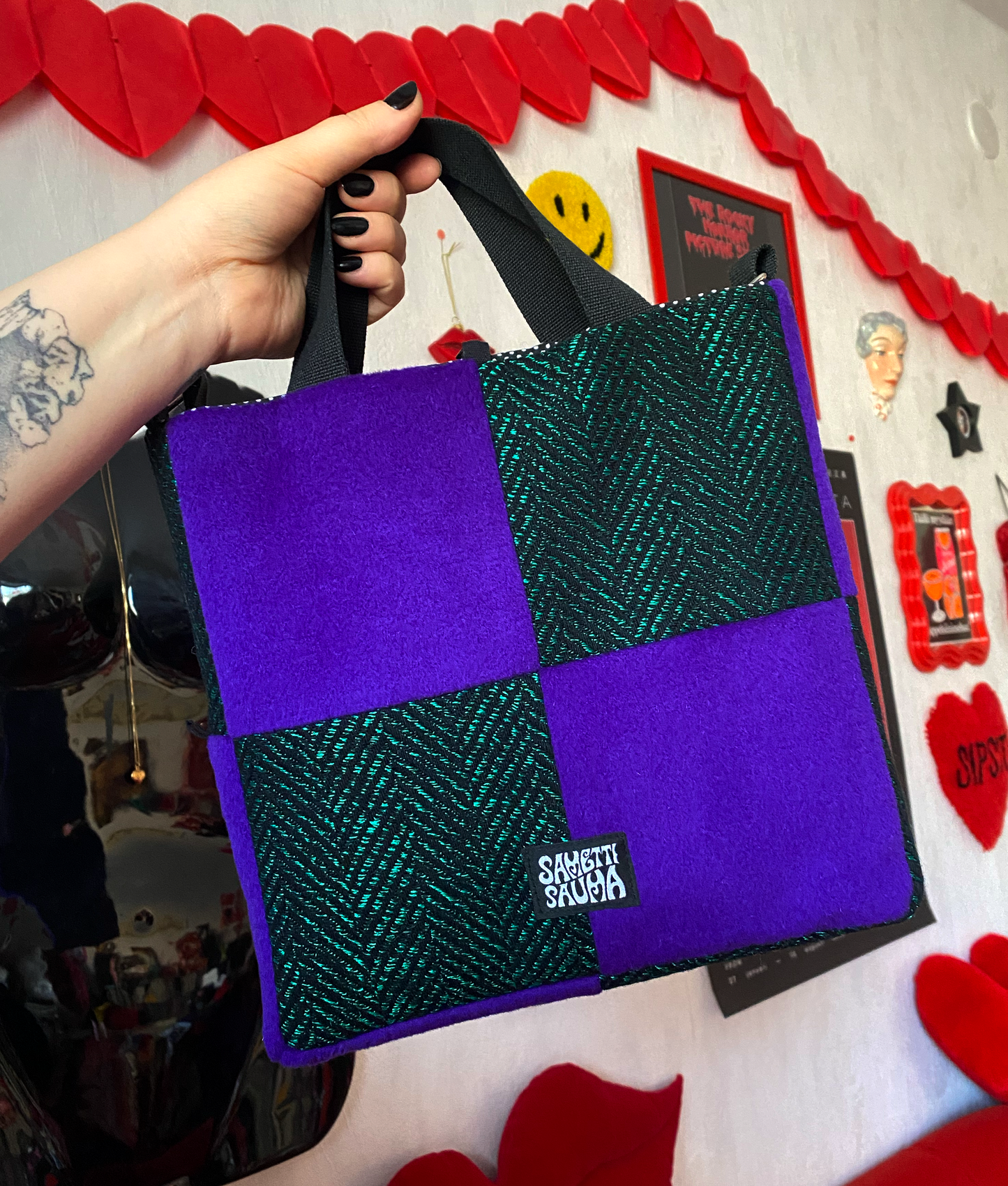 Molli-laukku • violetti + vihreä villakangas